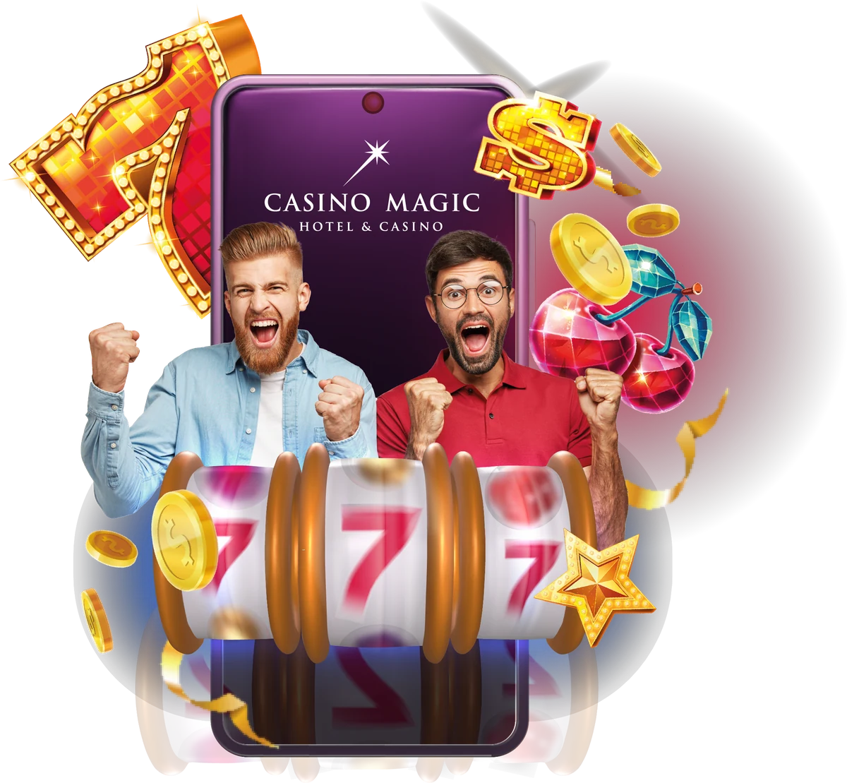 warrior-hero-chicos Dos jugadores festejando junto al celular con Casino Magic Hotel & Casino